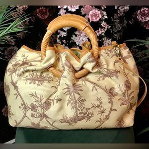 Tommy Bahama Brown Tropical Print Soft Cream Fabric With Circle Rattan Handles